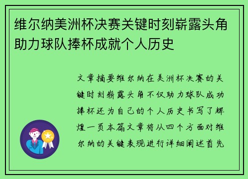 维尔纳美洲杯决赛关键时刻崭露头角助力球队捧杯成就个人历史